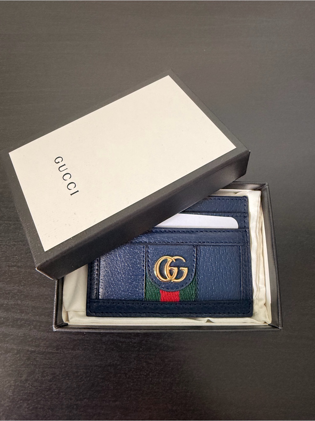 Nwt Gucci Navy Leather Card Holder With GreenRed Web And Gold Gg